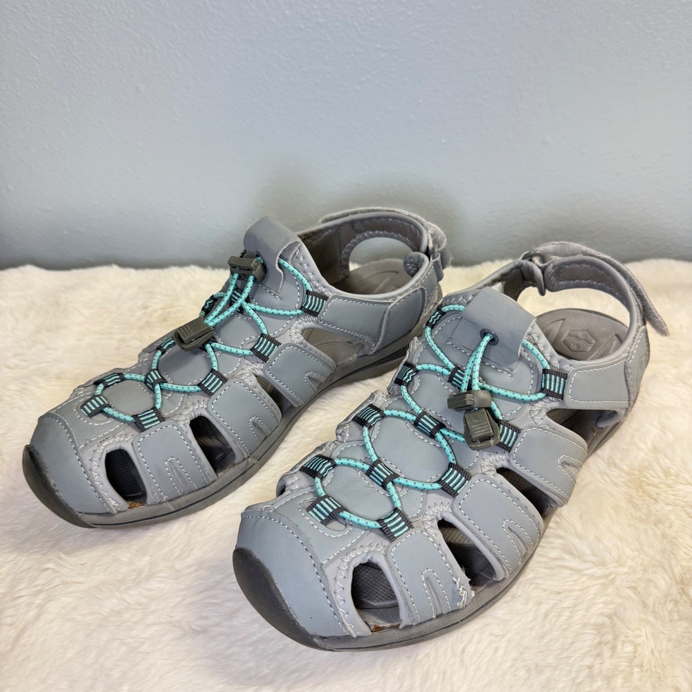 Khombu Women's Ashley Active Sandals Gray teal accents Closed Toe Adjustable 10M